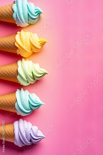 Five multi-coloured ice cream cones on a pink background, summer banner, free space for text