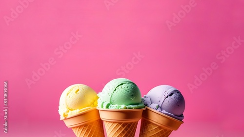 Colorful ice cream against pink background, free space for text