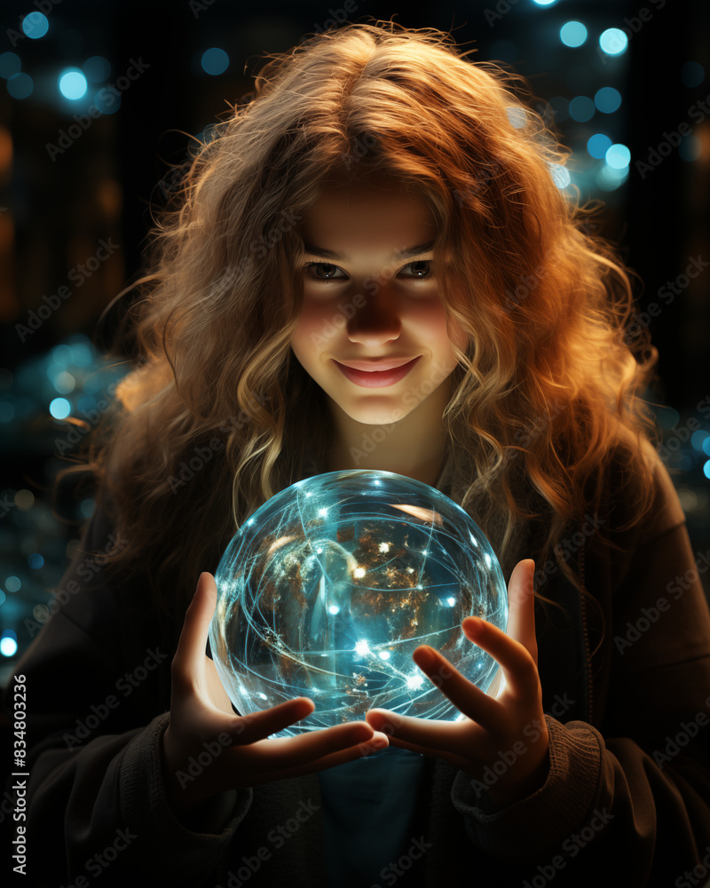 Naklejka premium A beautiful girl with lush hair holds a magical glowing ball in her hands