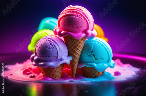 Melting futuristic neon ice cream in waffle cone