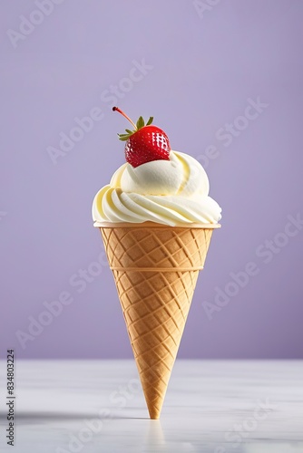 Creamy vanilla cone ice cream with strawberry on it, purple background