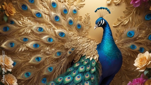 3d mural peacock illustration background with golden jewelry and flowers