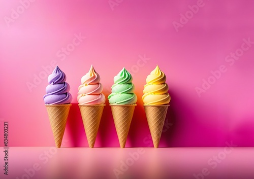 Set of different bright colored ice cream cones on a pink background