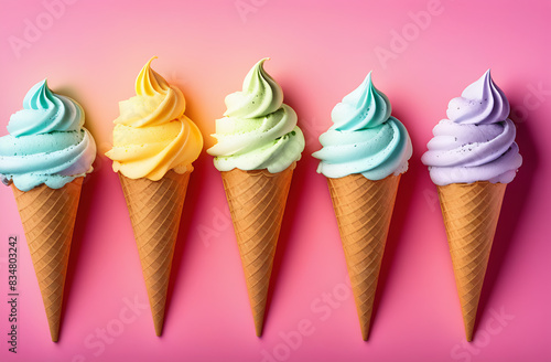 Five multi-coloured ice cream cones on a pink background
