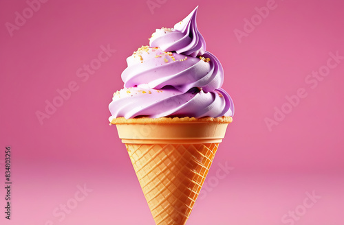 Pink ice cream in waffle cone against purple background
