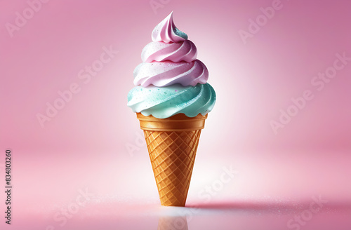 Pastel coloured ice cream cone on a pink background