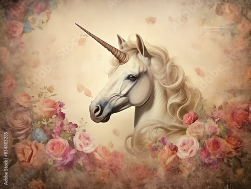 unicorn in flower garden , vintage classic watercolor style illustration artwork photo