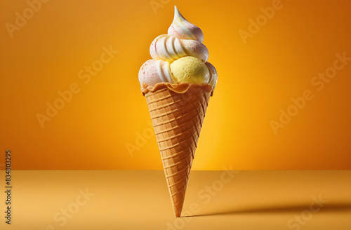 Delicious ice-cream in a waffle cone, bright yellow background, summer