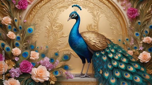 3d mural peacock illustration background with golden jewelry and flowers