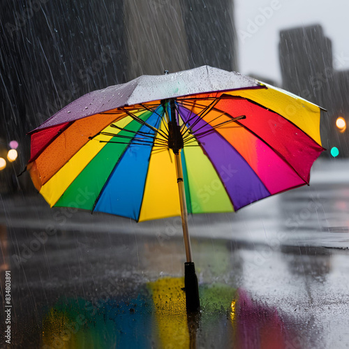 rainbow umbrella in rain