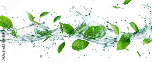 Fresh green leaves splashing with water, cut out