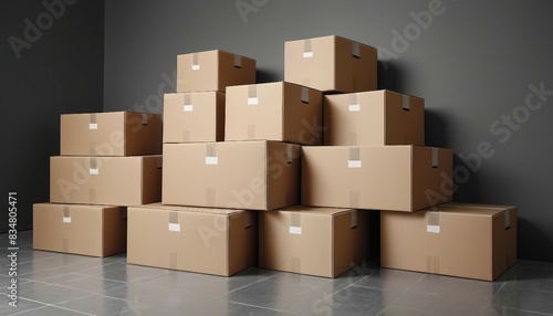 Cardboard boxes with stuff indoors, isolated white background, glossy ground and background  © abu