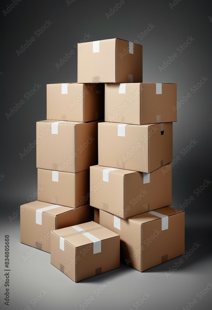 Cardboard boxes with stuff indoors, isolated white background, glossy ground and background Cardboard boxes with stuff indoors, isolated white background, glossy ground and background