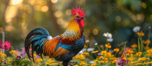 A colorful rooster stands amidst blooming flowers with a golden sunlight backdrop © AS Photo Family
