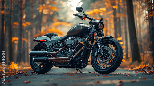 A classic motorcycle parked on a forest path surrounded by autumn leaves photo