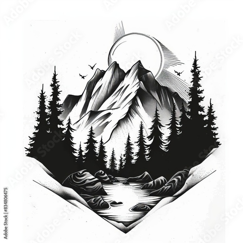 Black and white of a mountain range with a river flowing through a forest.