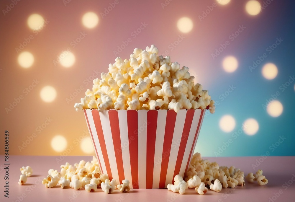 Closeup of a cardboard popcorn tub, brimming with irresistible popcorn, with a dreamy, luminous background featuring a stunning bokeh pattern.
Closeup of a cardboard popcorn tub, brimming with irresistible popcorn, with a dreamy, luminous background featuring a stunning bokeh pattern.