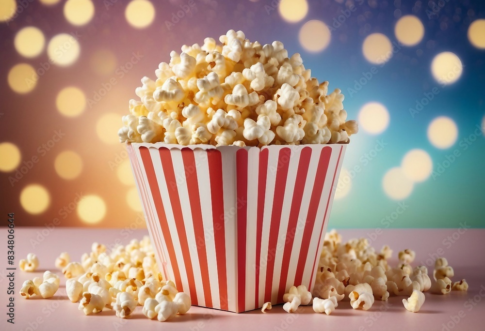Closeup of a cardboard popcorn tub, brimming with irresistible popcorn, with a dreamy, luminous background featuring a stunning bokeh pattern.
Closeup of a cardboard popcorn tub, brimming with irresistible popcorn, with a dreamy, luminous background featuring a stunning bokeh pattern.