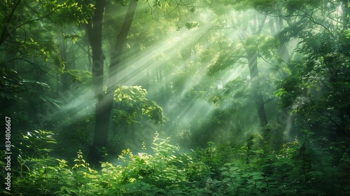 A lush  green forest with sunlight filtering through the canopy creates a magical  hopeful ambiance.