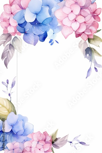 hydrangea themed frame or border for photos and text.with clusters of blue, purple, and pink flowers, white color background. 