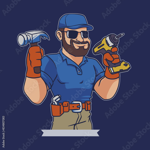Cartoon man in a cap with drill hammer vector illustration