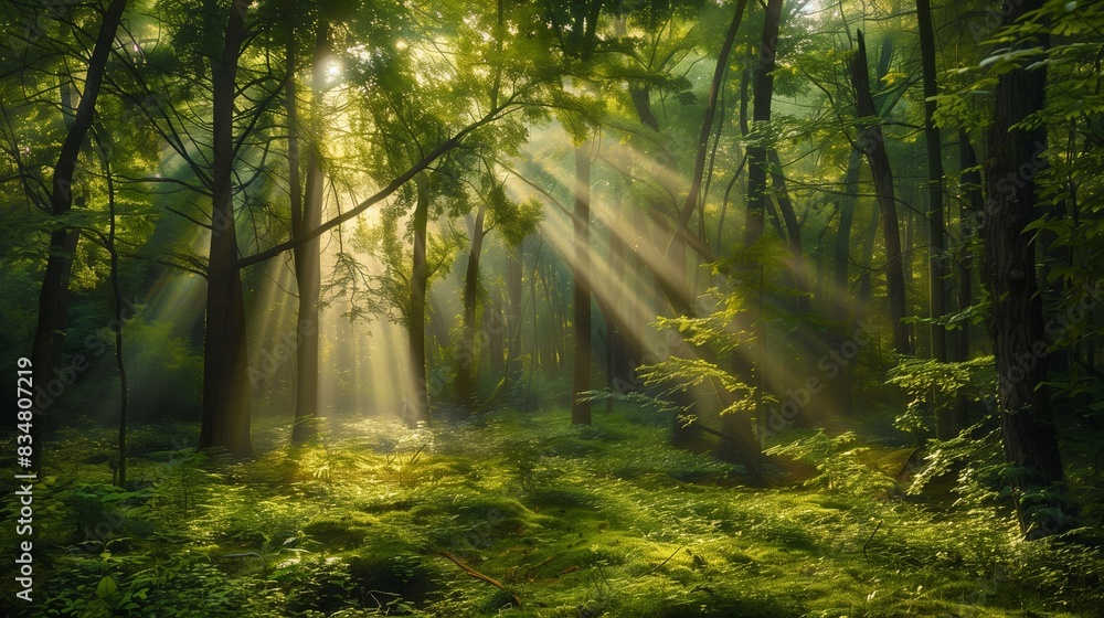 Obraz premium A lush green forest with sunlight filtering through trees creates a magical, hopeful ambiance.