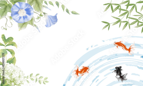 初夏のころの植物と泳ぐ金魚のイラスト