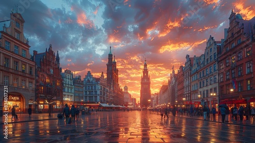 A bustling city street scene set against a dramatic sunset sky, reflecting a blend of history and modern life