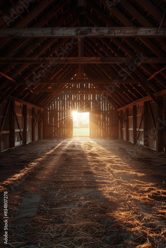Morning sunlight illuminates the interior of a barn.