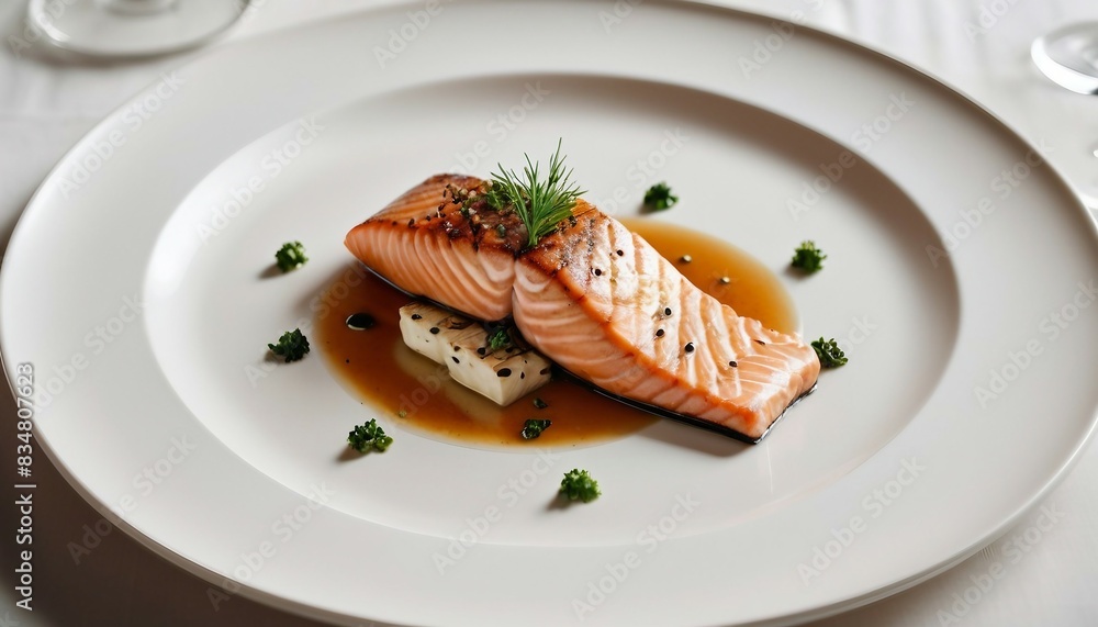 delicious salmon on a white porcelain plate in a luxury restaurant delicious salmon on a white porcelain plate in a luxury restaurant