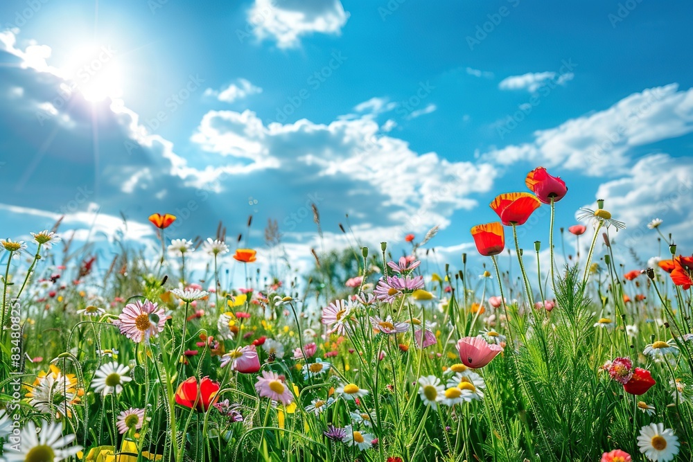 Wild flowers at summer meadow. Close up bottom view. Idyllic beautiful cosmos flower field. Natural colorful panoramic landscape with many wild flowers of daisies against blue sky. Poppies, cornflower Wild flowers at summer meadow. Close up bottom view. Idyllic beautiful cosmos flower field. Natural colorful panoramic landscape with many wild flowers of daisies against blue sky. Poppies, cornflower