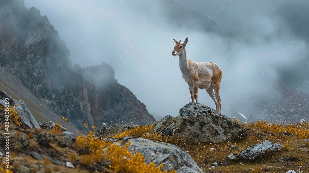 Photographing adorable distant animals in the cloudy mountains during the day Photographing adorable distant animals in the cloudy mountains during the day