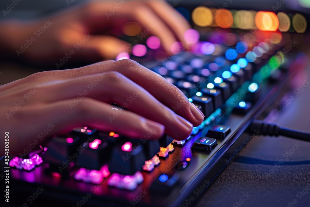 Hands are typing on an advanced mechanical keyboard with vibrant RGB colors. Hands are typing on an advanced mechanical keyboard with vibrant RGB colors.