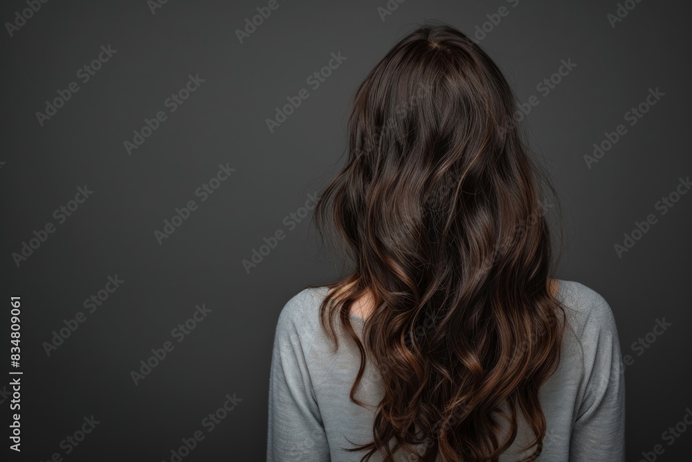 Gorgeous woman with brown waves in studio, seen from behind on dark grey backdrop Gorgeous woman with brown waves in studio, seen from behind on dark grey backdrop