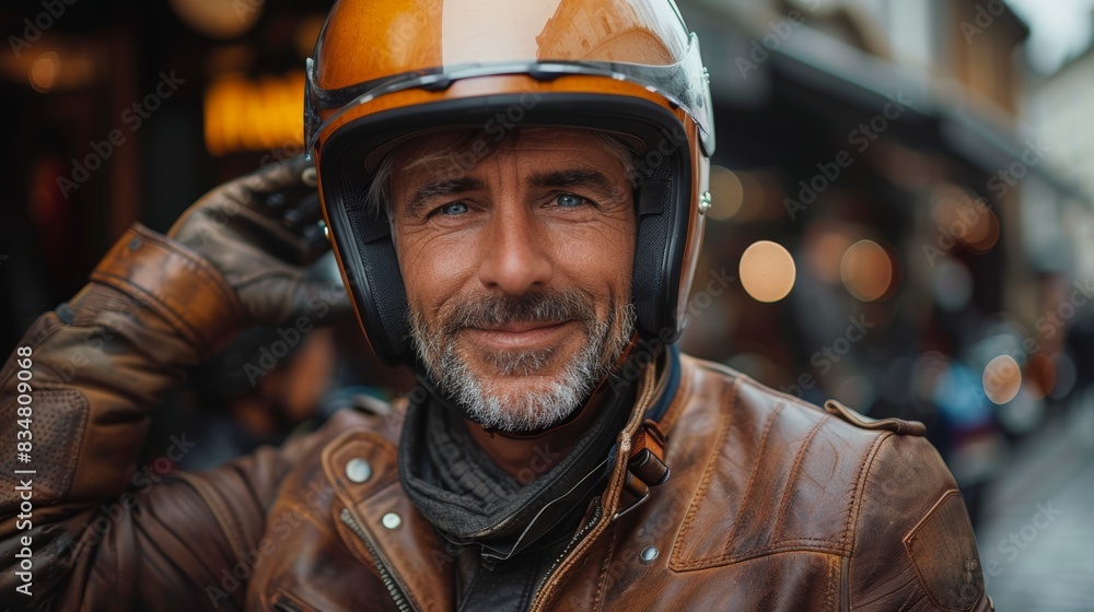 A charismatic middle-aged man with helmet and leather jacket poses on a city street A charismatic middle-aged man with helmet and leather jacket poses on a city street