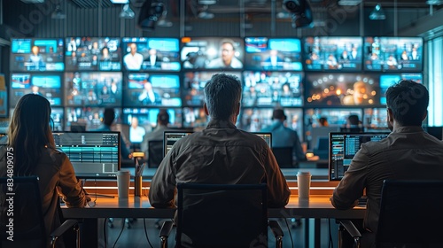 Individuals at a control desk with multiple screens indicate a live broadcast operation