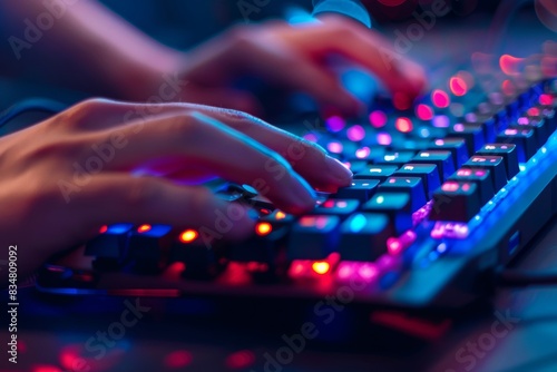 Hands are typing on an advanced mechanical keyboard with vibrant RGB colors.