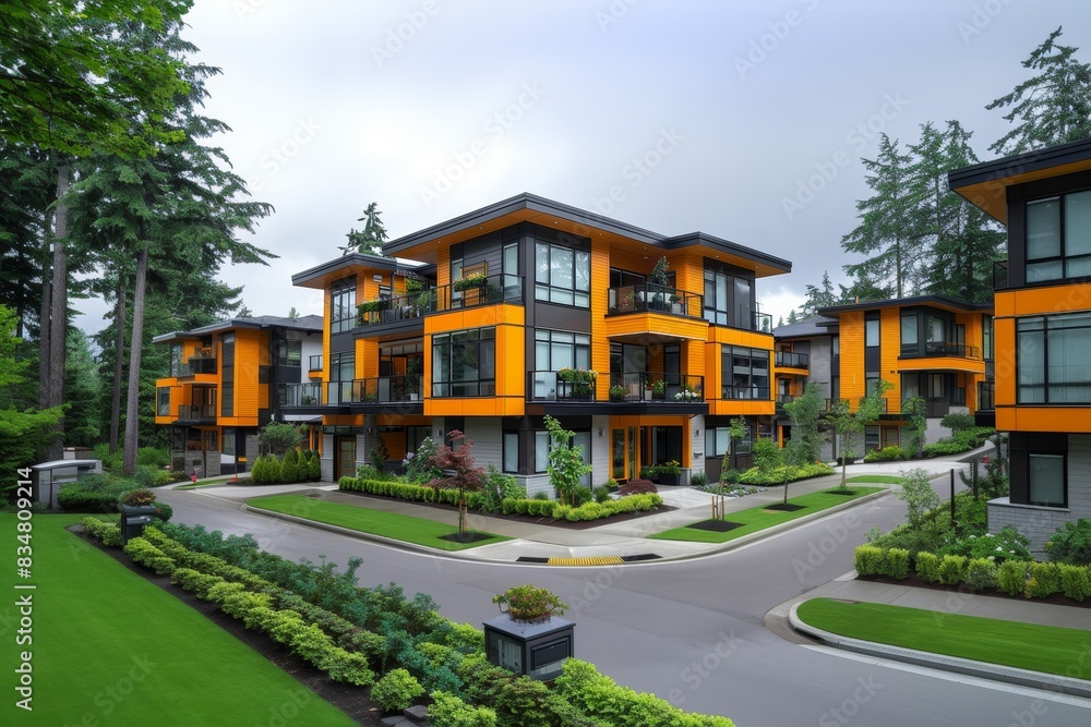 Modern apartment building complex with bright orange facades on an overcast day Modern apartment building complex with bright orange facades on an overcast day