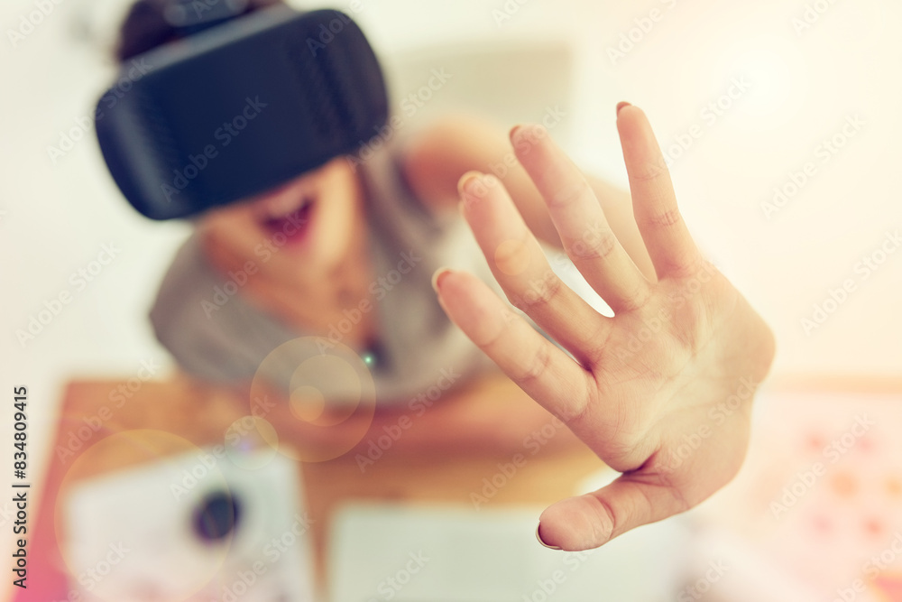 Woman, interface and hand in office with virtual reality tech for ui, design and futuristic innovation. Person, surprise and AR glasses for programming, touch and IT for user experience in workplace
