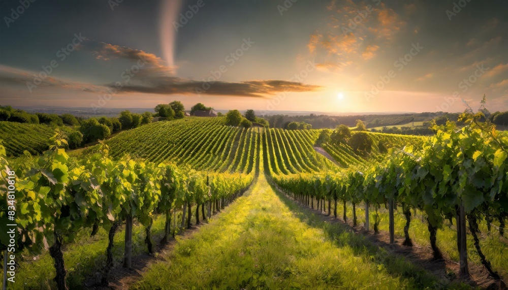 A picturesque vineyard with orderly rows of grapevines, kissed by the warm glow of the sun.
