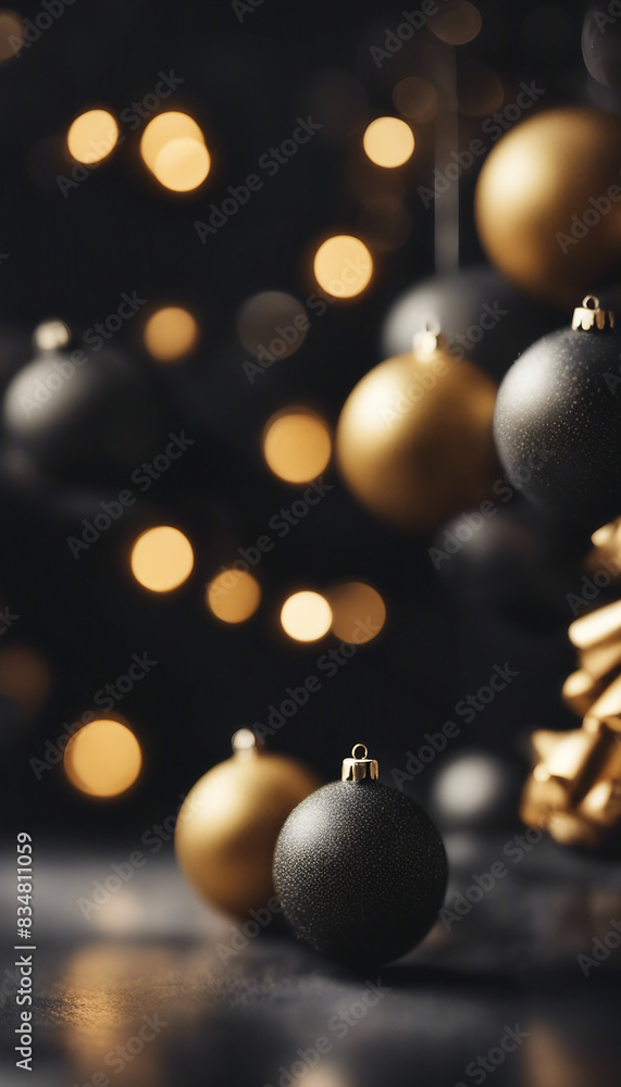 Black vertical background with gold Christmas balls and copy space New Year winter holidays Black vertical background with gold Christmas balls and copy space New Year winter holidays