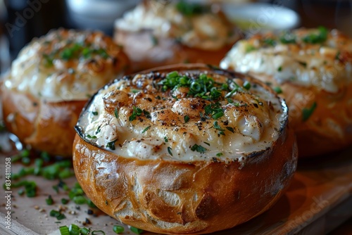 Clam Chowder - Creamy clam chowder in a bread bowl. photo