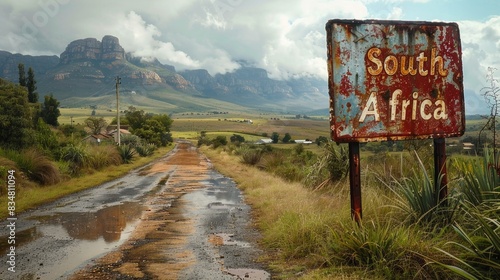 A weathered sign marks the entrance to a rural area in South Africa with a striking landscape