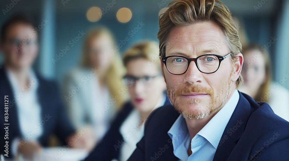 A focused businessman in glasses, with colleagues in the blurry background, concept of leadership. Generative AI A focused businessman in glasses, with colleagues in the blurry background, concept of leadership. Generative AI