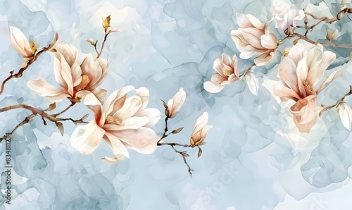 Fototapeta Naklejka Na Ścianę i Meble -  Wedding card featuring watercolor style magnolia flowers, Generative AI 