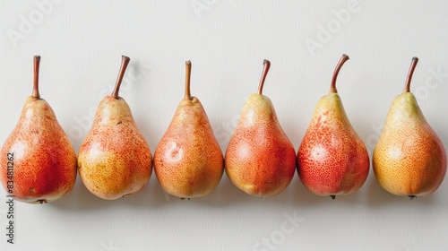 Fresh whole long Abate Fetel pears in a row on white background photo