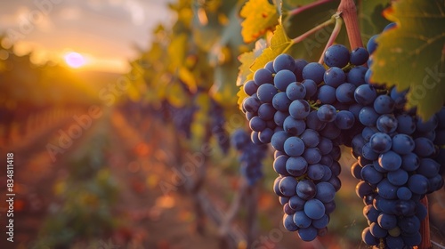 Warm sunlight bathes a cluster of ripe grapes, highlighting the fertility and natural beauty of the vineyard