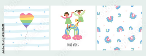 Pride or LGBT Happy Pride Month. Diverse set of vector cartoon illustration cards. LGBTQ Rainbow Motifs. Design for decor. youth and a seamless pattern