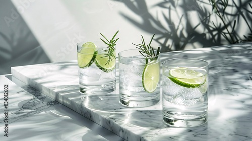 A serene arrangement featuring a trio of classic Gin and Tonic cocktails, served in highball glasses with slices of lime and sprigs of fresh rosemary, positioned on a minimalist marble tabletop with photo