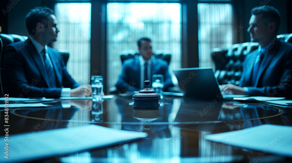Businessmen in a meeting around a table with a service bell, focused on business decisions, blue tone, corporate background. Generative AI Businessmen in a meeting around a table with a service bell, focused on business decisions, blue tone, corporate background. Generative AI